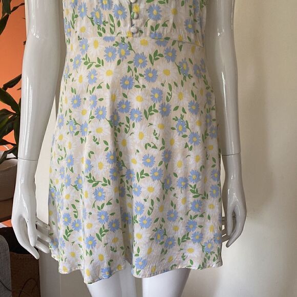 Zara Ivory Yellow Blue Floral Smocked Ruffle Printed Satin Mini Dress Size M - Picture 4 of 11